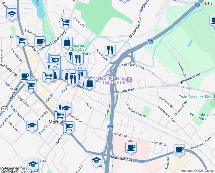 map of restaurants, bars, coffee shops, grocery stores, and more near 13 Taft Lane in Morristown