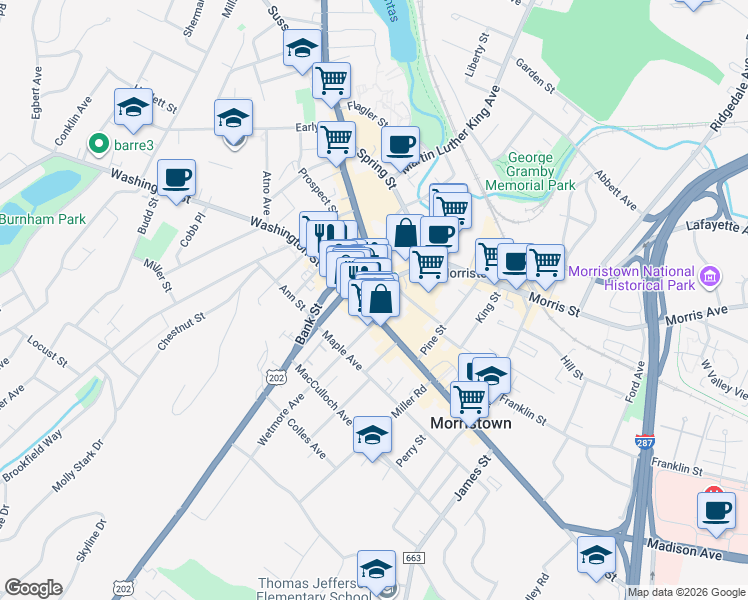 map of restaurants, bars, coffee shops, grocery stores, and more near 40 West Park Place in Morristown