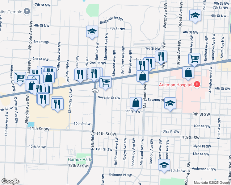 map of restaurants, bars, coffee shops, grocery stores, and more near 600 Bellflower Avenue Northwest in Canton