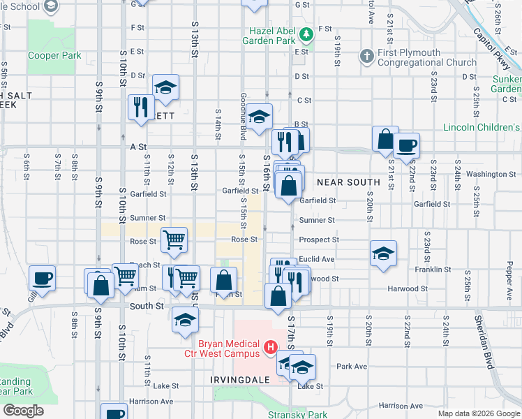 map of restaurants, bars, coffee shops, grocery stores, and more near 1515 Garfield Street in Lincoln
