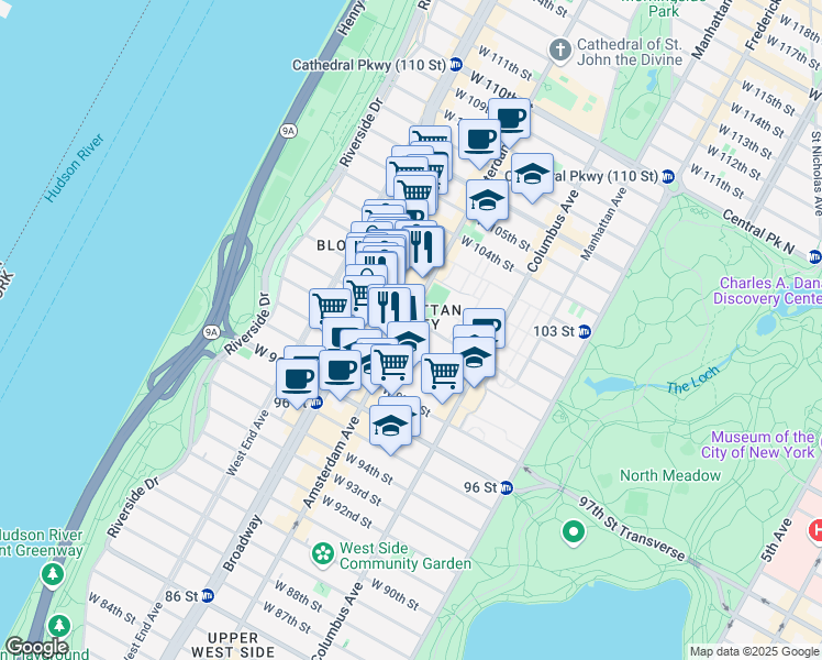 map of restaurants, bars, coffee shops, grocery stores, and more near 194 West 100th Street in New York
