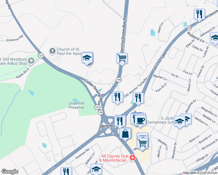 map of restaurants, bars, coffee shops, grocery stores, and more near 100 Old Cedar Swamp Road in Jericho