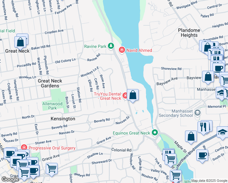 map of restaurants, bars, coffee shops, grocery stores, and more near 8 West Terrace Road in Great Neck