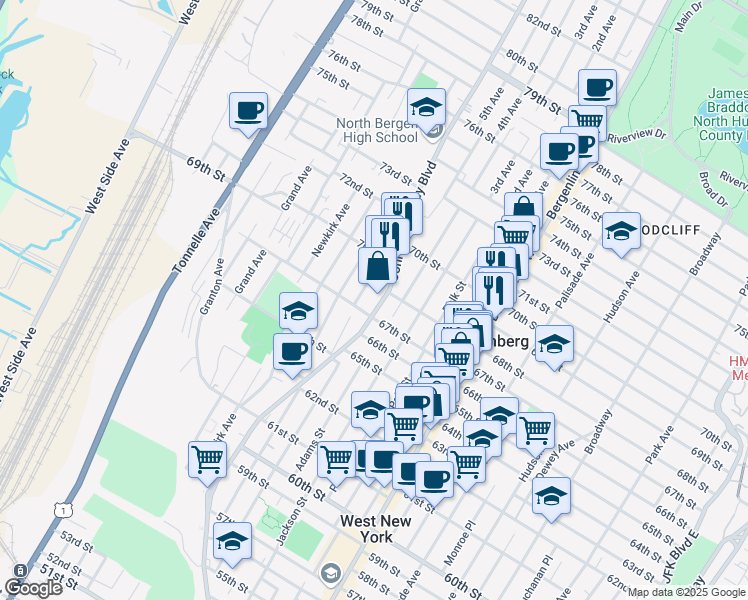 map of restaurants, bars, coffee shops, grocery stores, and more near 6721 John F. Kennedy Boulevard in West New York