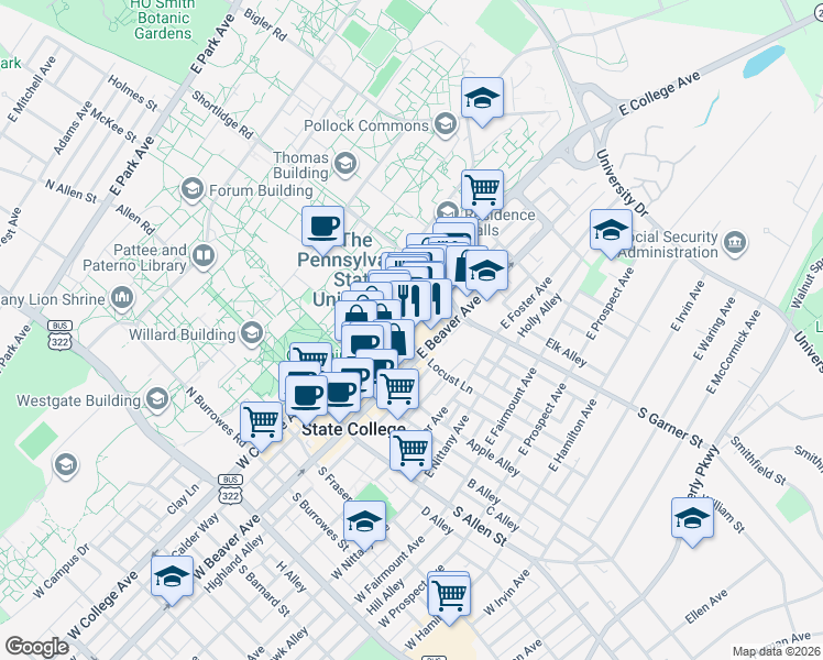 map of restaurants, bars, coffee shops, grocery stores, and more near 119 Locust Lane in State College