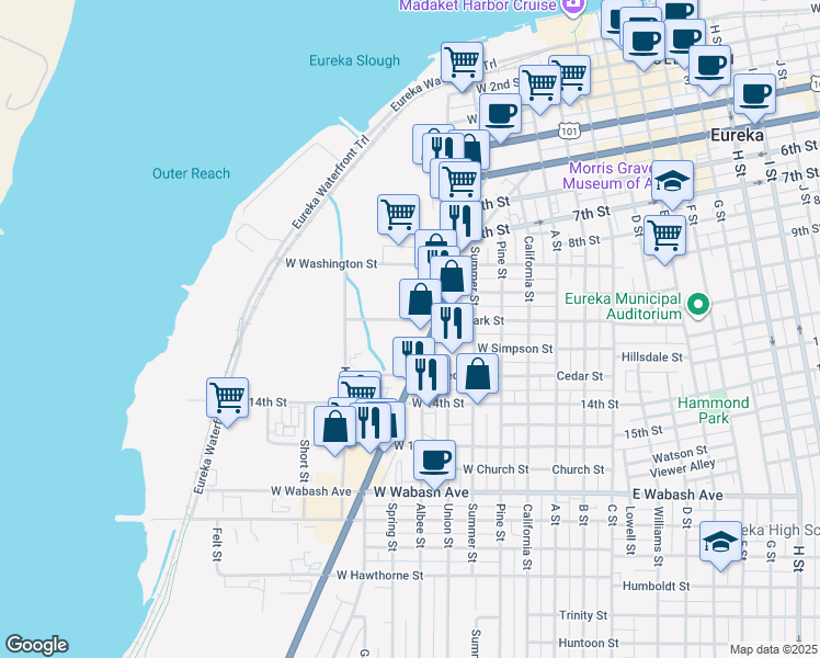 map of restaurants, bars, coffee shops, grocery stores, and more near 1028 Broadway in Eureka