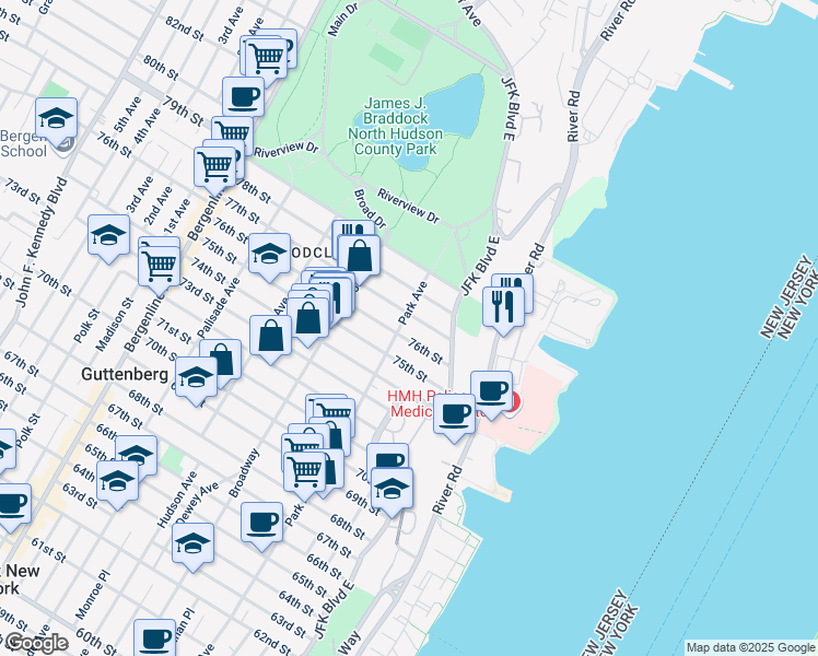 map of restaurants, bars, coffee shops, grocery stores, and more near 19 78th Street in North Bergen