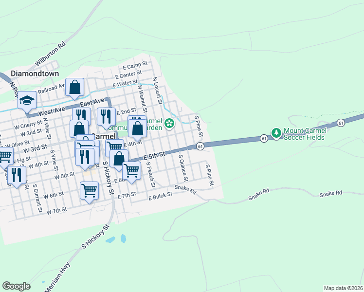 map of restaurants, bars, coffee shops, grocery stores, and more near 109 South Spruce Street in Mount Carmel
