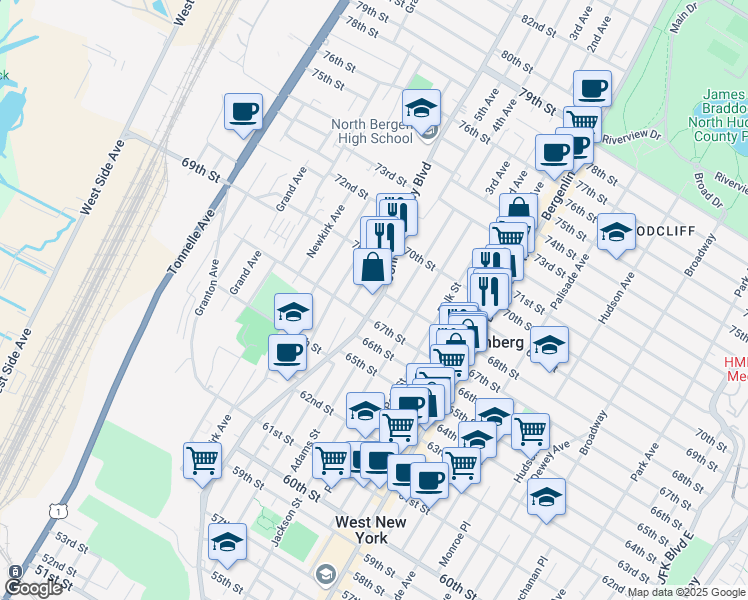 map of restaurants, bars, coffee shops, grocery stores, and more near 6727 John F. Kennedy Boulevard in North Bergen
