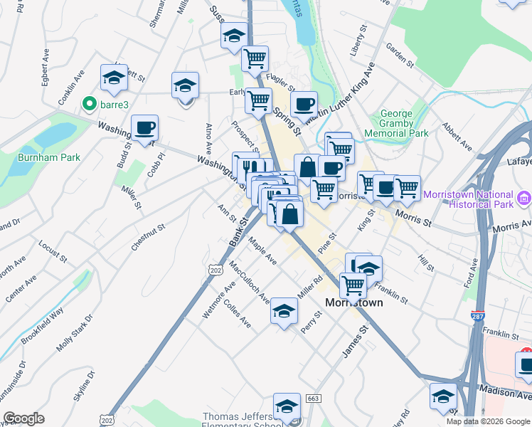 map of restaurants, bars, coffee shops, grocery stores, and more near 40 West Park Place in Morristown