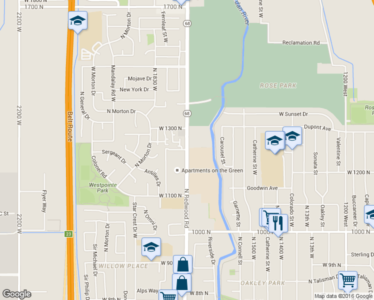 map of restaurants, bars, coffee shops, grocery stores, and more near 1234 North Redwood Road in Salt Lake City
