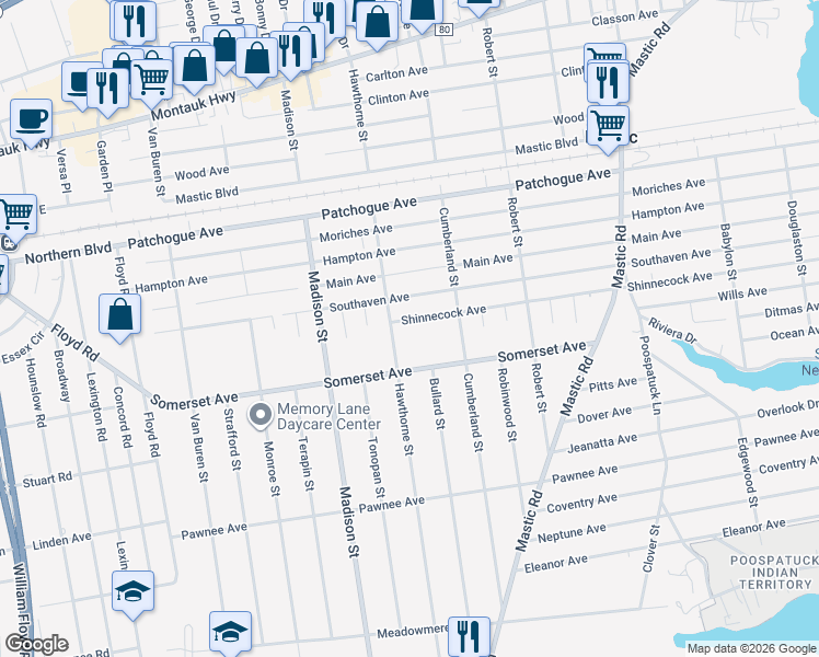 map of restaurants, bars, coffee shops, grocery stores, and more near 80 Southaven Avenue in Mastic