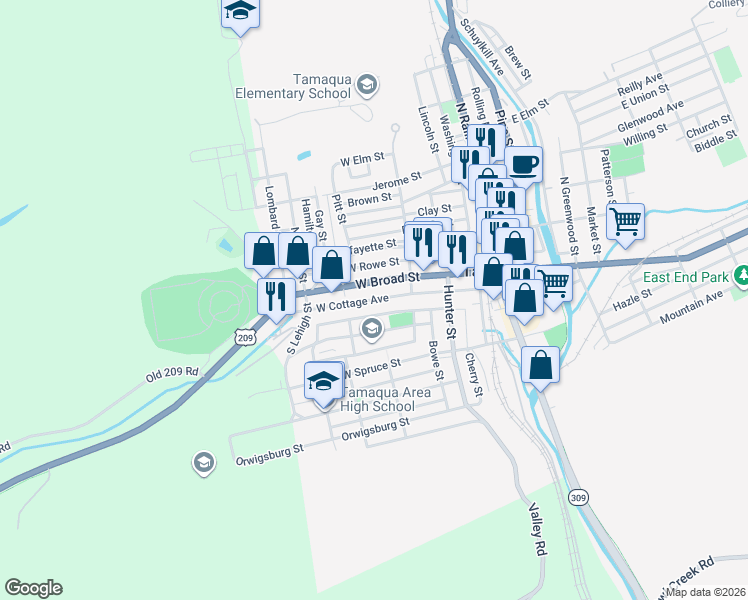map of restaurants, bars, coffee shops, grocery stores, and more near West Cottage Avenue in Tamaqua