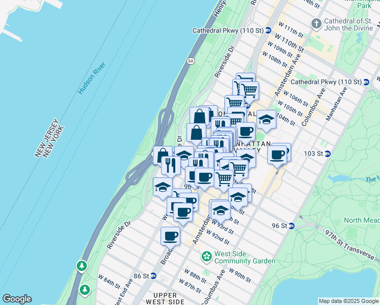 map of restaurants, bars, coffee shops, grocery stores, and more near 309 West 97th Street in New York