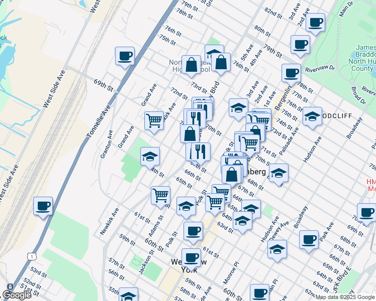 map of restaurants, bars, coffee shops, grocery stores, and more near 6725 John F. Kennedy Boulevard in North Bergen