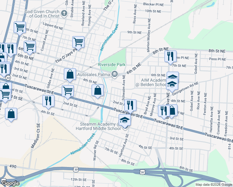 map of restaurants, bars, coffee shops, grocery stores, and more near 1741 4th Street Northeast in Canton