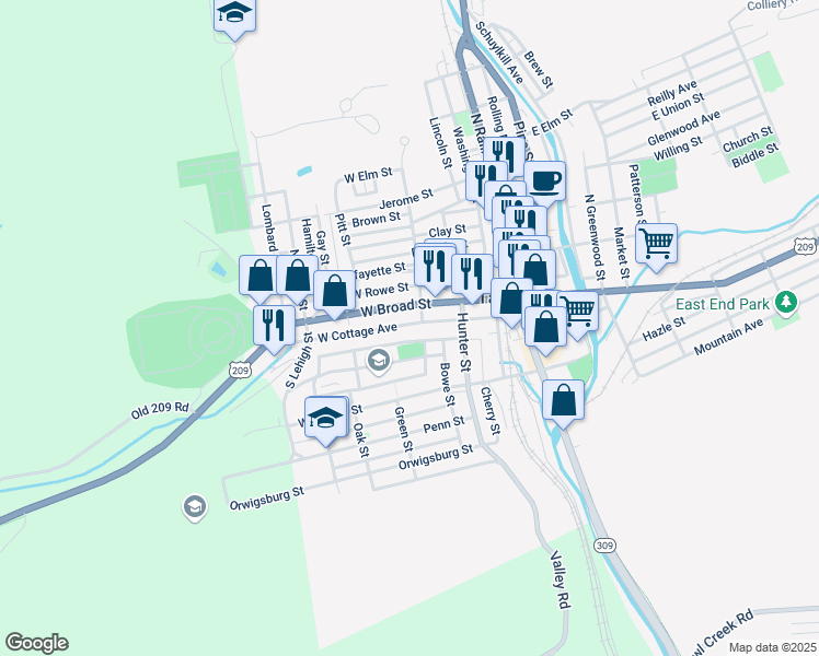 map of restaurants, bars, coffee shops, grocery stores, and more near 212 West Cottage Avenue in Tamaqua