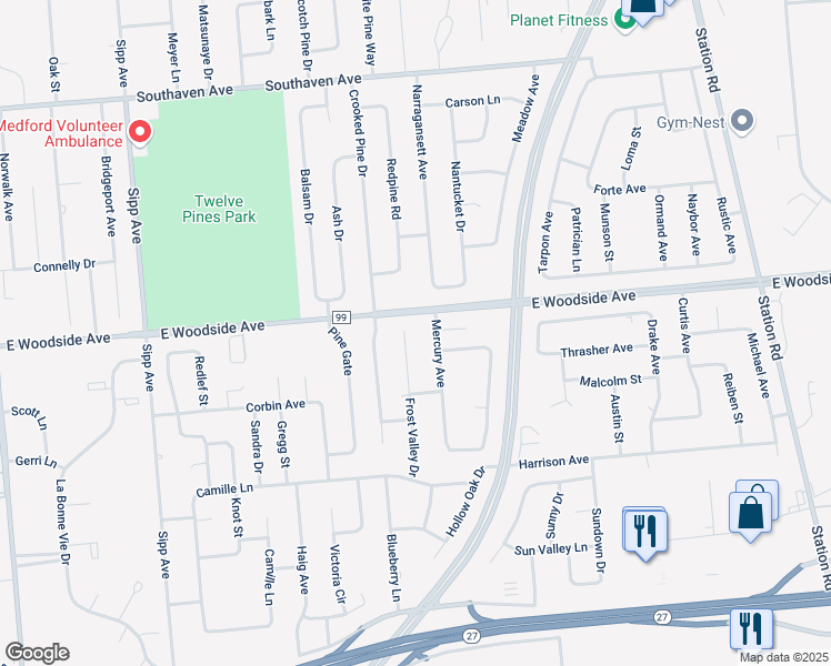 map of restaurants, bars, coffee shops, grocery stores, and more near 2 Mercury Avenue in East Patchogue