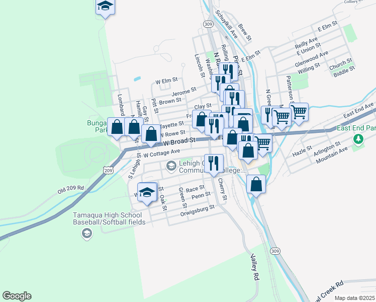 map of restaurants, bars, coffee shops, grocery stores, and more near 212 West Cottage Avenue in Tamaqua