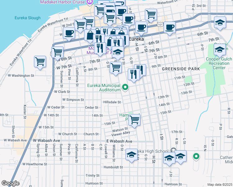 map of restaurants, bars, coffee shops, grocery stores, and more near 1027 D Street in Eureka