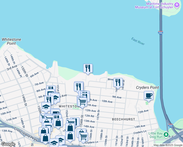 map of restaurants, bars, coffee shops, grocery stores, and more near 154-19A Riverside Drive in Queens