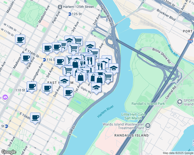 map of restaurants, bars, coffee shops, grocery stores, and more near 421 East 118th Street in New York