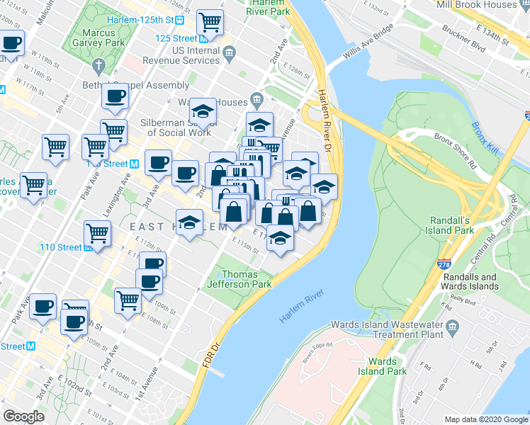 map of restaurants, bars, coffee shops, grocery stores, and more near 421 East 118th Street in New York