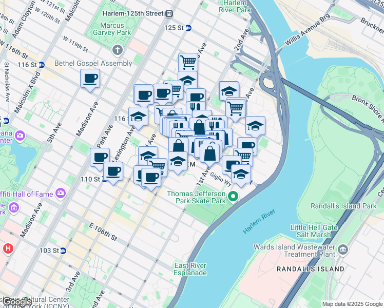 map of restaurants, bars, coffee shops, grocery stores, and more near 318 East 117th Street in New York