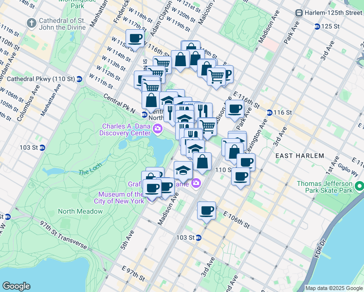 map of restaurants, bars, coffee shops, grocery stores, and more near 7 Central Park North in New York