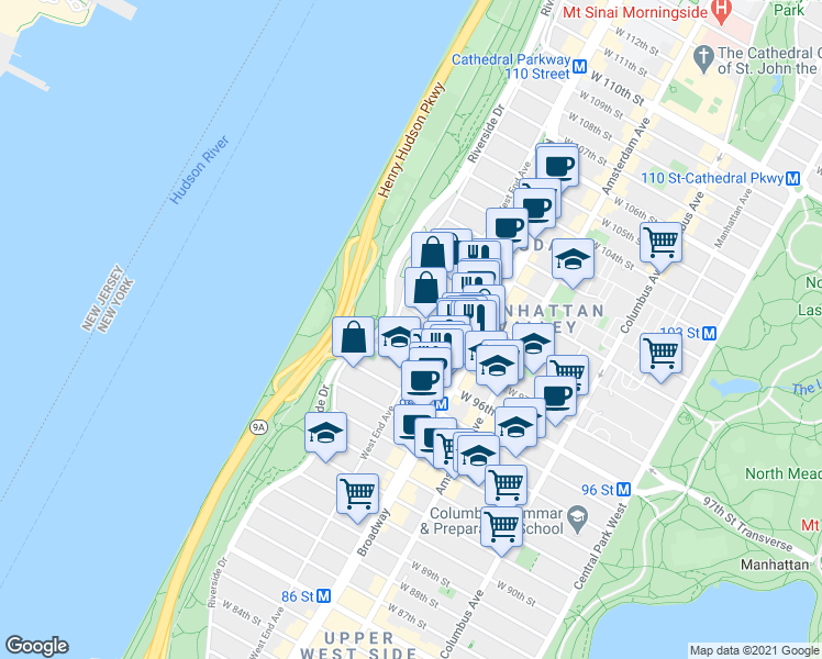 map of restaurants, bars, coffee shops, grocery stores, and more near 258 Riverside Drive in New York
