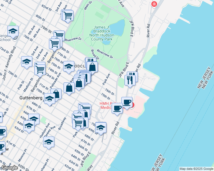 map of restaurants, bars, coffee shops, grocery stores, and more near 19 78th Street in North Bergen
