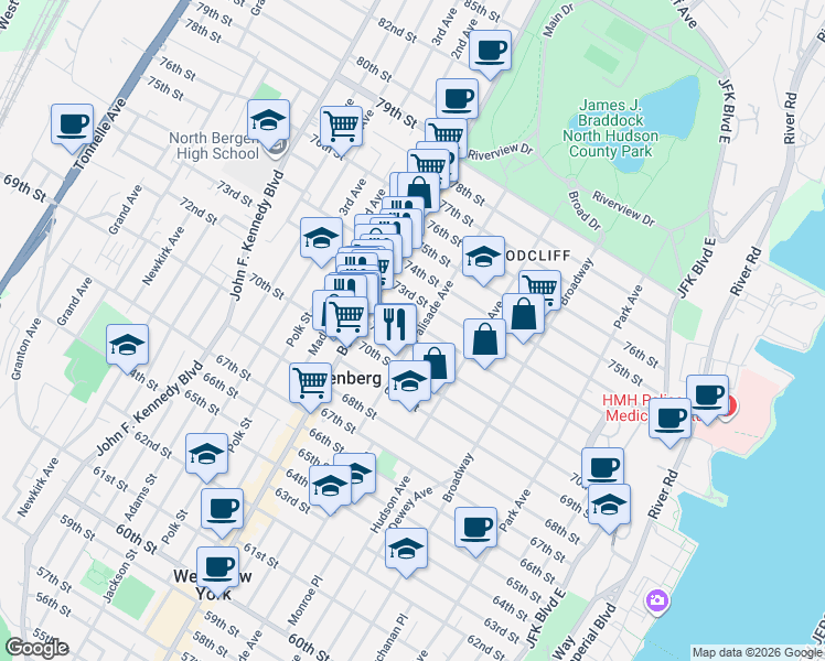 map of restaurants, bars, coffee shops, grocery stores, and more near 412 72nd Street in North Bergen