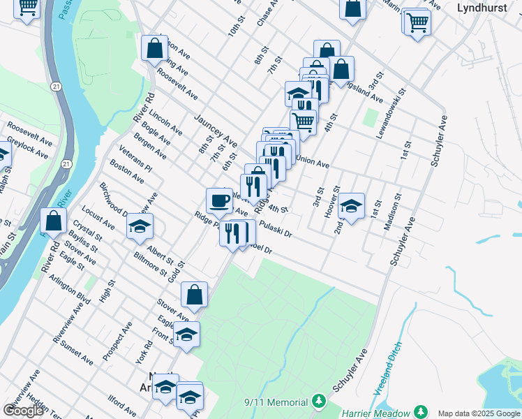 map of restaurants, bars, coffee shops, grocery stores, and more near 576 Ridge Road in North Arlington