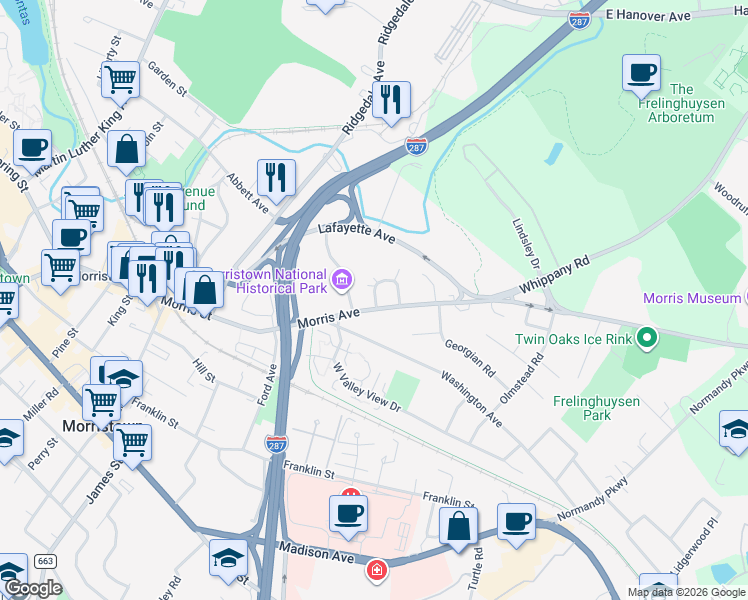 map of restaurants, bars, coffee shops, grocery stores, and more near 13 Harding Terrace in Morristown