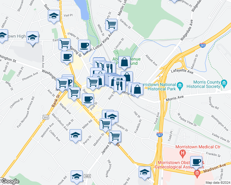 map of restaurants, bars, coffee shops, grocery stores, and more near 122 Morris Street in Morristown