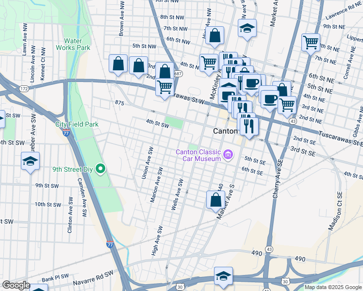 map of restaurants, bars, coffee shops, grocery stores, and more near 401 High Avenue Southwest in Canton