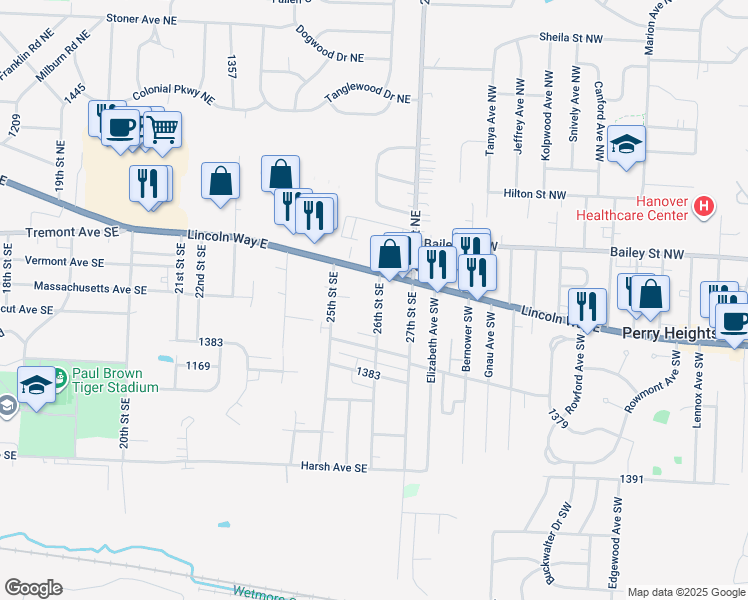 map of restaurants, bars, coffee shops, grocery stores, and more near 2551 Lincoln Way East in Massillon