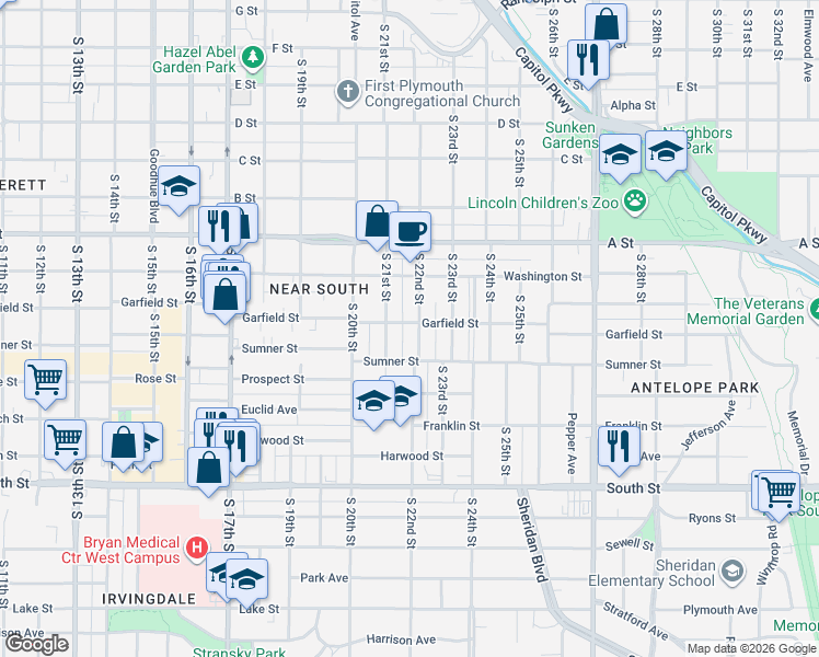map of restaurants, bars, coffee shops, grocery stores, and more near 2120 Garfield Street in Lincoln