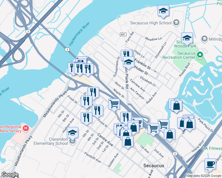 map of restaurants, bars, coffee shops, grocery stores, and more near 292 Maple Street in Secaucus