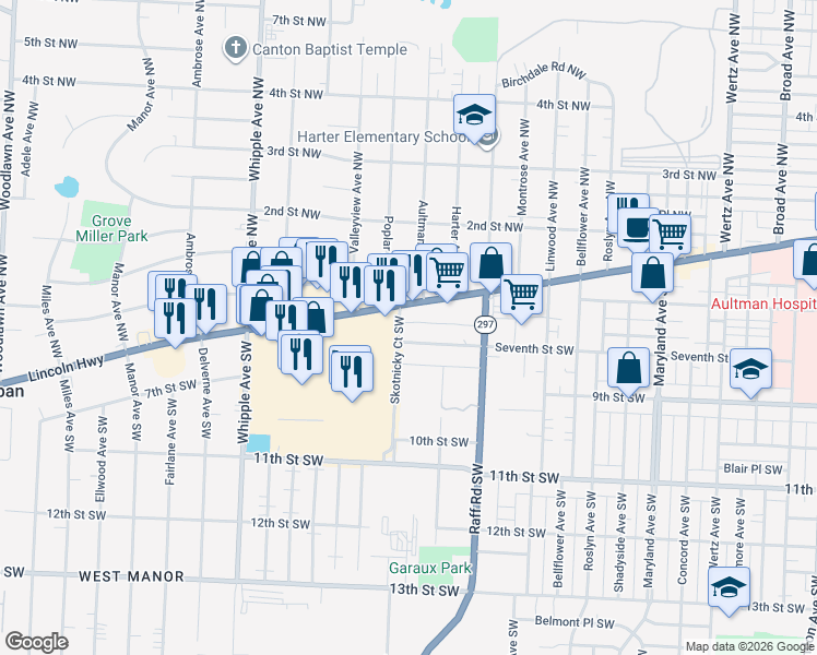 map of restaurants, bars, coffee shops, grocery stores, and more near 3910 Tuscarawas Street West in Canton