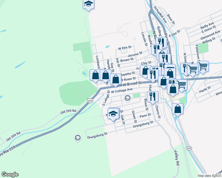 map of restaurants, bars, coffee shops, grocery stores, and more near 311 West Broad Street in Tamaqua