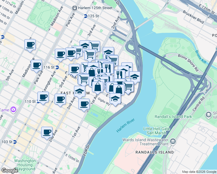 map of restaurants, bars, coffee shops, grocery stores, and more near 421 East 118th Street in New York
