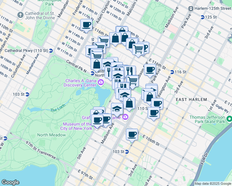 map of restaurants, bars, coffee shops, grocery stores, and more near 7 Central Park North in New York