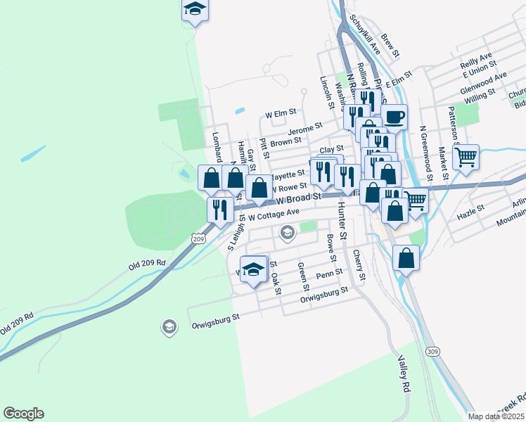 map of restaurants, bars, coffee shops, grocery stores, and more near 306 West Broad Street in Tamaqua