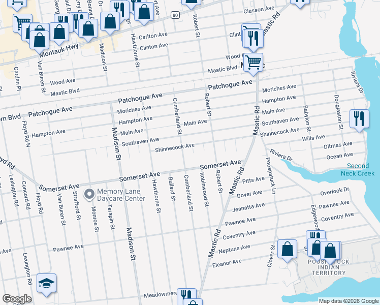 map of restaurants, bars, coffee shops, grocery stores, and more near 103 Shinnecock Avenue in Mastic