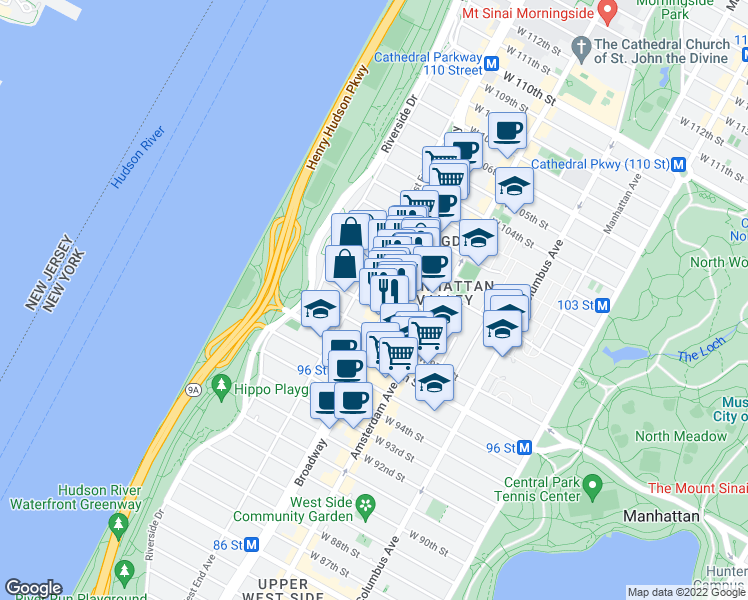 map of restaurants, bars, coffee shops, grocery stores, and more near 251 West 98th Street in New York