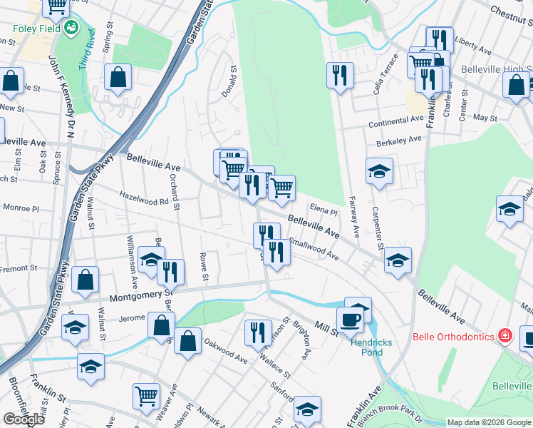 map of restaurants, bars, coffee shops, grocery stores, and more near 14 Belleville Ave in Bloomfield