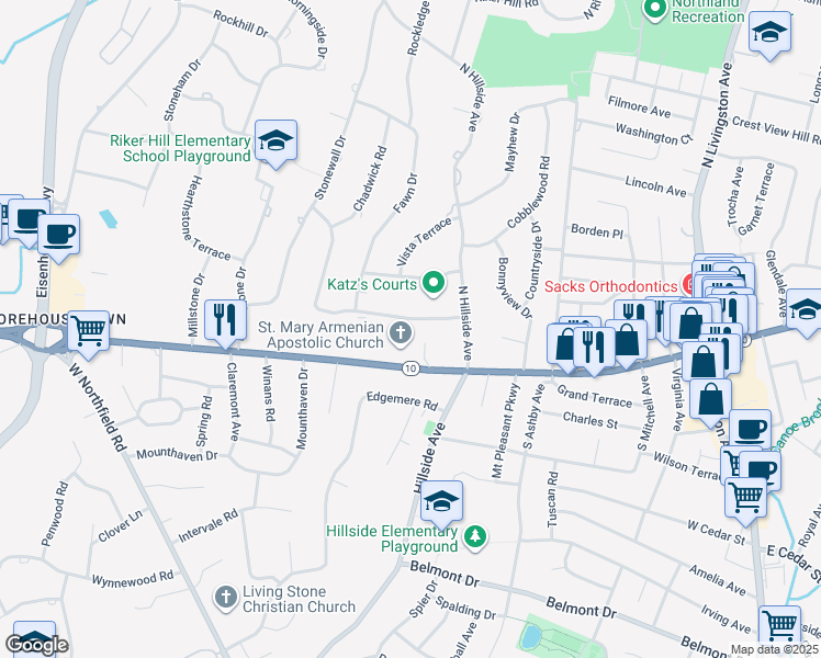 map of restaurants, bars, coffee shops, grocery stores, and more near 35 Surrey Lane in Livingston