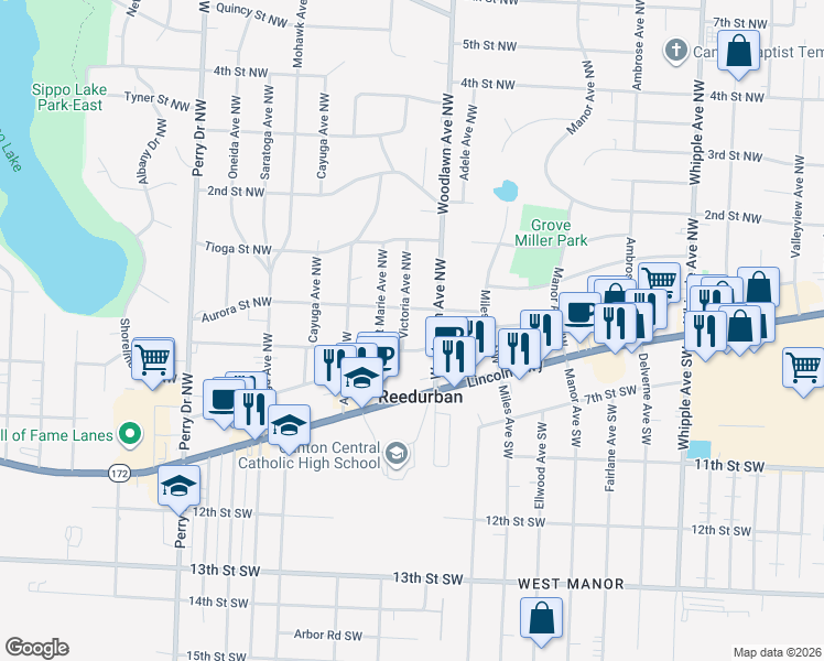 map of restaurants, bars, coffee shops, grocery stores, and more near 139 Woodlawn Avenue Northwest in Canton