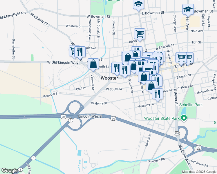 map of restaurants, bars, coffee shops, grocery stores, and more near in Wooster